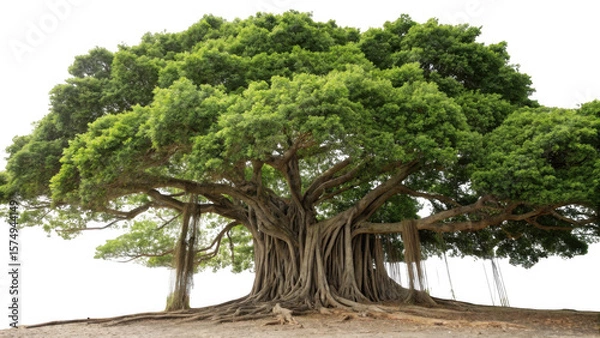 Fototapeta Majestic banyan tree with aerial roots and lush green canopy isolated on transparent background