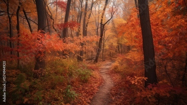 Obraz Autumn Trail with Misty Forest Path.