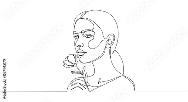 Fototapeta Simple line drawing of woman holding rose with thoughtful expression on transparent background  
