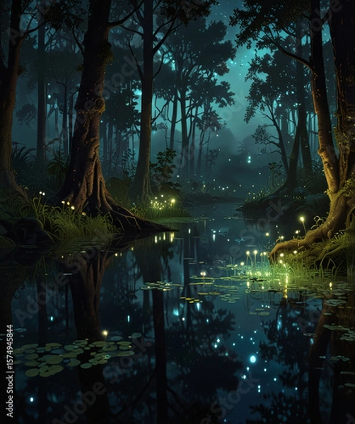 Fototapeta Enchanted forest at twilight with shimmering lights reflecting on tranquil water