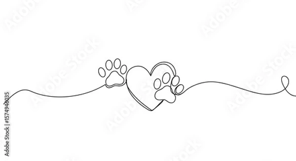 Fototapeta Heart with paw prints in continuous line art style on transparent background  