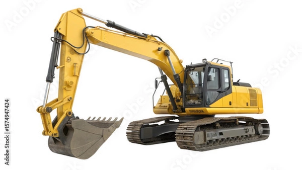 Fototapeta Heavy yellow excavator with a large bucket and tracks isolated on transparent background