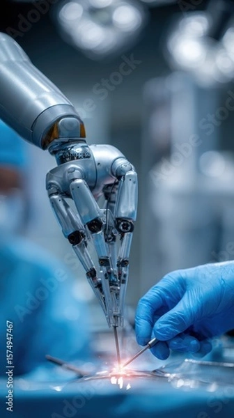 Fototapeta Stunning photo of close-up of a robotic arm performing a precise surgical operation in a sterile medical environment with advanced technology and skilled healthcare professional.