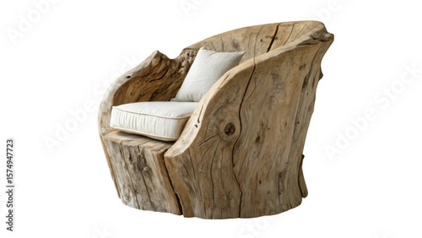 Fototapeta Unique rustic armchair carved from weathered wood with a comfortable cream cushion isolated on transparent background
