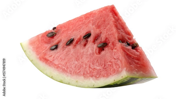 Fototapeta Juicy slice of fresh watermelon with black seeds and green rind isolated on transparent background