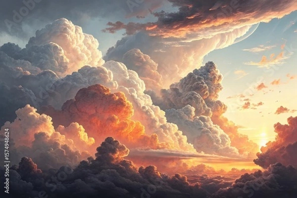 Fototapeta Majestic cumulonimbus clouds illuminated by a fiery sunset sky
