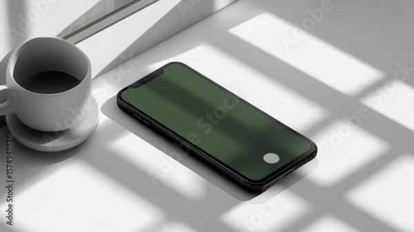 Obraz A dark-green smartphone display rests on a white surface beside a ceramic mug.