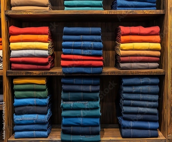 Fototapeta Array of shelves in a retail store displaying neatly folded and organized sweaters in various colors, ranging from warm hues of red and orange to cool hues of blue and green