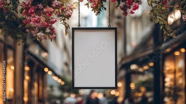 Fototapeta Creative signboard mockup with customizable empty frame on an urban street backdrop featuring sleek flat design
