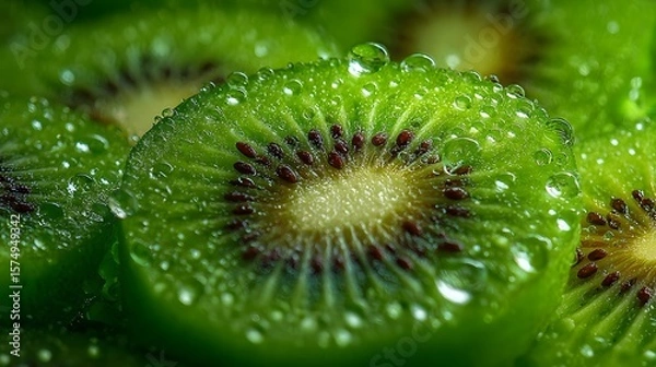 Fototapeta Macro High Resolution Aerial Close-Up Photography of Kiwis with Detailed Water Drops on a Bright Green Background