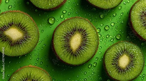 Fototapeta Overhead Macro Photography of Kiwi Arrangement with Glistening Droplets and Juicy Textural Detail on a Bright Green Background