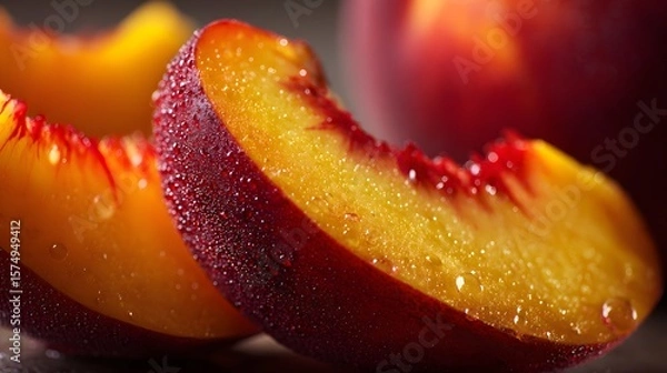 Fototapeta Artistic high-resolution macro imagery featuring vividly sliced ripe peaches with detailed textures, natural light, and exquisite color transitions