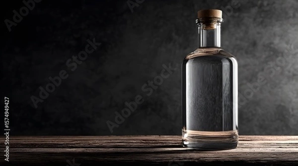 Fototapeta Intricate Close-Up Presentation of a Vodka Bottle Mockup on Wooden Surface with Dark Minimalist Background Illuminated by Studio Lighting