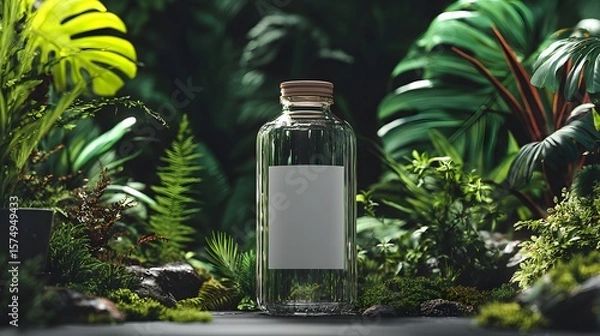 Fototapeta Artistic Clear Glass Bottle Mockup with Blank Label and Lush Foliage in an Ambient, Innovative Studio Setting