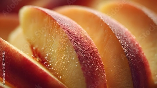 Fototapeta Vibrant macro imagery highlighting expert slicing of succulent peaches with intricate details and ambient natural lighting for a gourmet presentation