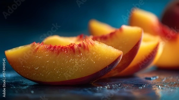 Fototapeta Artistic high-resolution macro imagery featuring vividly sliced ripe peaches with detailed textures, natural light, and exquisite color transitions