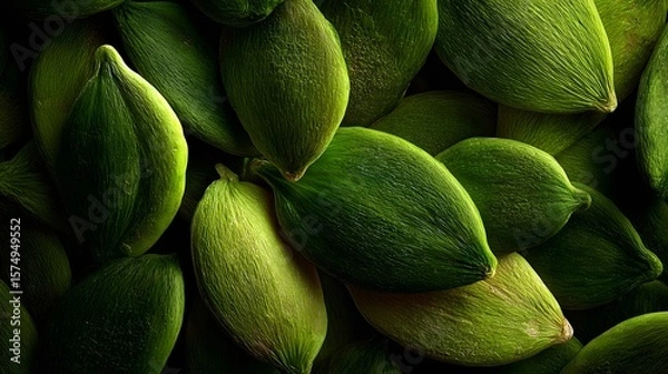 Fototapeta Exquisite photographic composition capturing a cluster of green pumpkin seeds with intense focus on texture and organic natural coloration in a close-up view