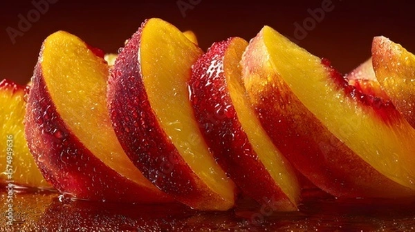 Fototapeta Artistic high-resolution macro imagery featuring vividly sliced ripe peaches with detailed textures, natural light, and exquisite color transitions
