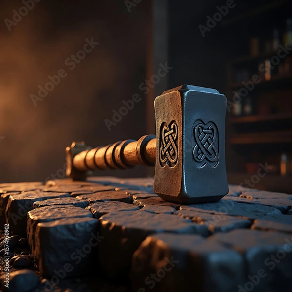 Fototapeta Ornate Hammer Rests on Stone Anvil in a Dark Workshop