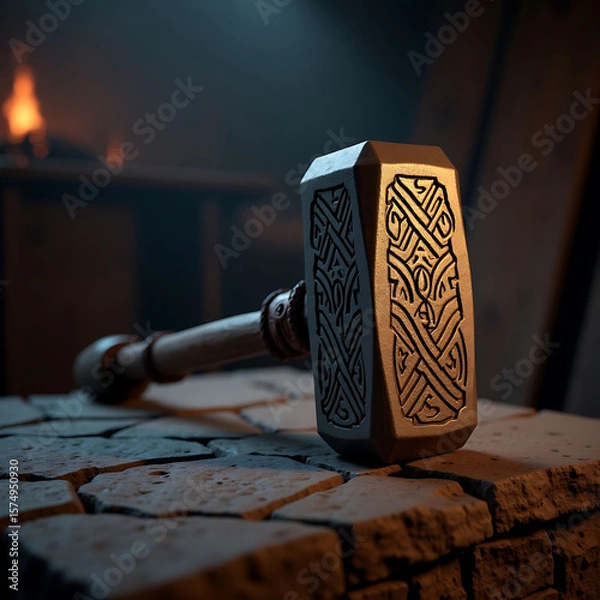 Fototapeta Ornate Hammer Rests on Stone Anvil in a Dark Workshop