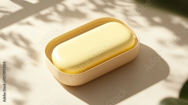 Obraz Light yellow bar of soap in a beige container.