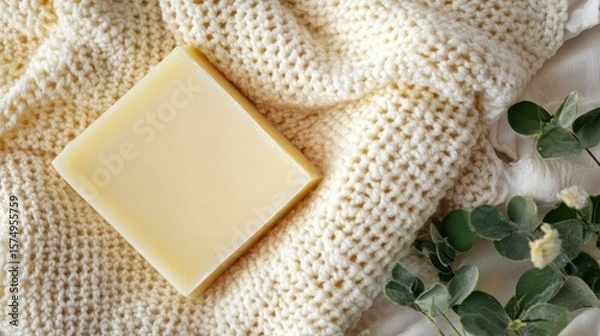 Obraz Square bar of soap resting on a knitted fabric.