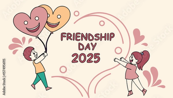 Fototapeta Happy friendship day celebrate with friends and heart balloons in year two thousand twenty five event