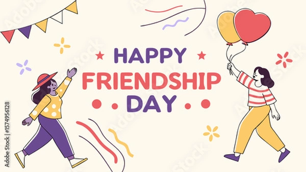 Fototapeta Happy friendship day celebration with friends and balloons vector illustration design concept art image