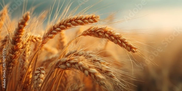 Fototapeta Golden Grain in Sunlight: A close-up shot captures the sun-kissed beauty of ripe wheat, the golden heads swaying gently, basking in the warmth of the day, symbolizing harvest.