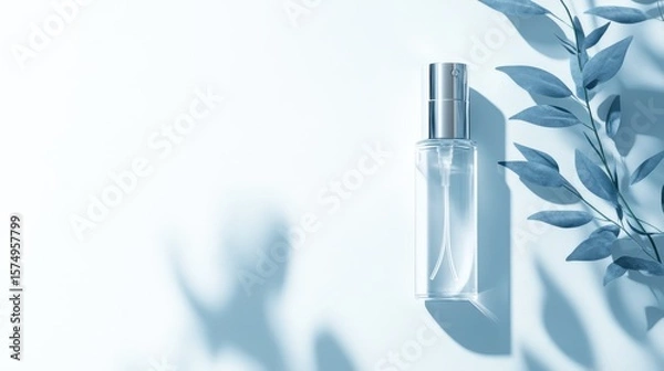 Obraz A clear glass spray bottle with a metallic top sits on a pale background.