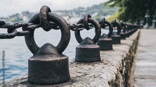 Obraz Rusty metal chain links secured to a stone wall by posts.
