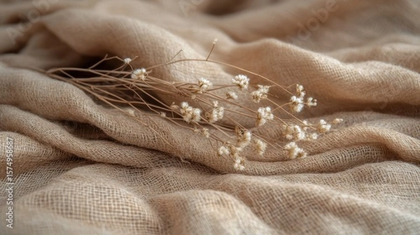 Obraz Dried flowers arranged on a beige linen fabric.