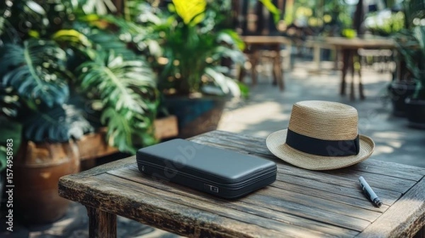 Obraz Dark gray case rests on a weathered wooden table amidst outdoor greenery.