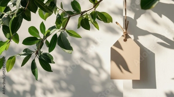 Obraz Empty tag hanging against a wall, with leaves casting shadows.
