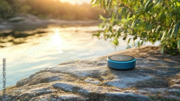 Obraz A round speaker rests on a rocky shore.