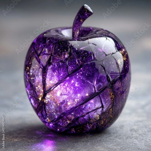 Obraz Artistic purple apple sculpture with galaxy-inspired design and illuminated glitter details