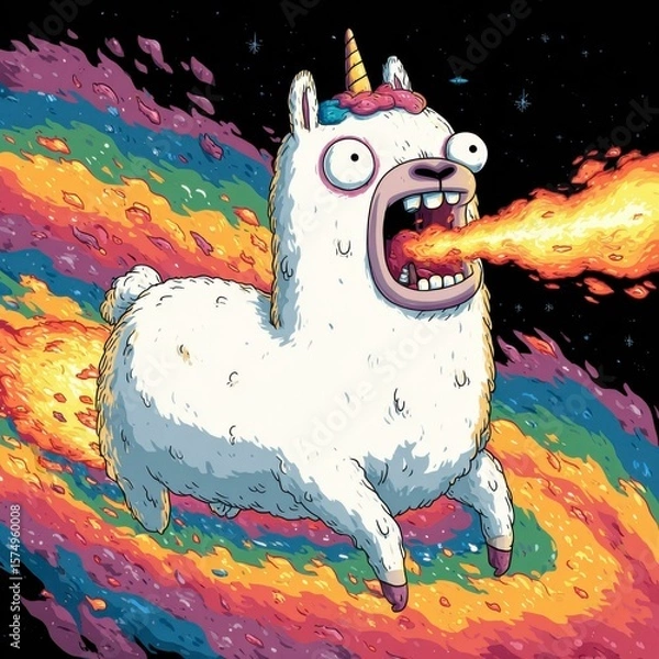 Obraz Whimsical Cartoon Unicorn-Llama Hybrid Shooting Fire from Its Mouth in Space Scene