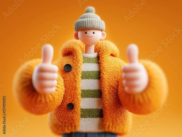 Obraz Cheerful cartoon character with thumbs up, wearing cozy winter clothes and a beanie, on orange background
