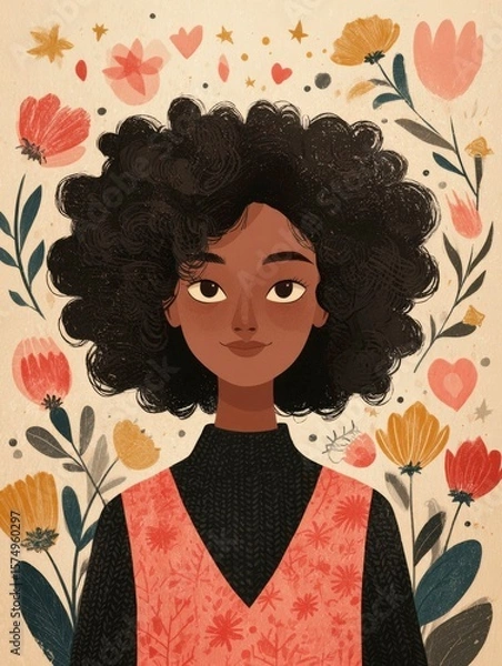 Obraz Digital Illustration of a Woman with Curly Hair Surrounded by Flowers and Hearts in a Warm Color Palette