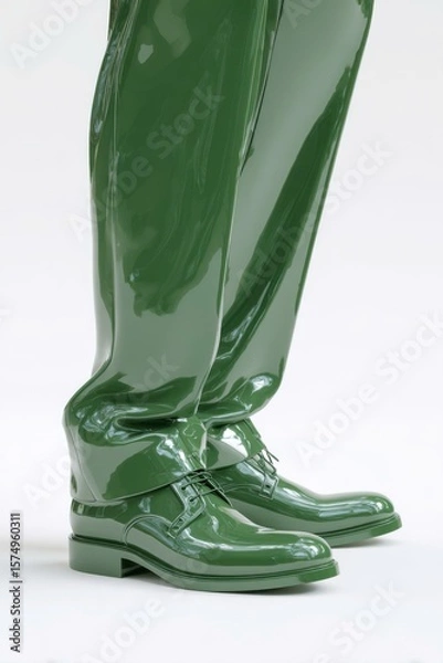 Obraz Close-up of shiny green rubber boots on a plain white background