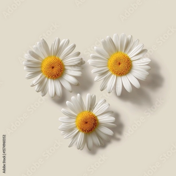 Obraz Bright white daisies with yellow centers on a neutral background, flat lay composition