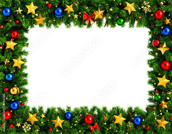 Obraz Beautiful christmas wreath 1 to 1.68 rectangle frame with shiny stars and colorful or