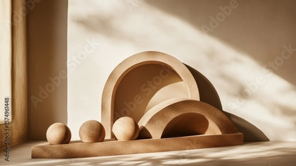 Obraz Neutral-toned, arch-shaped display elements with orbs.