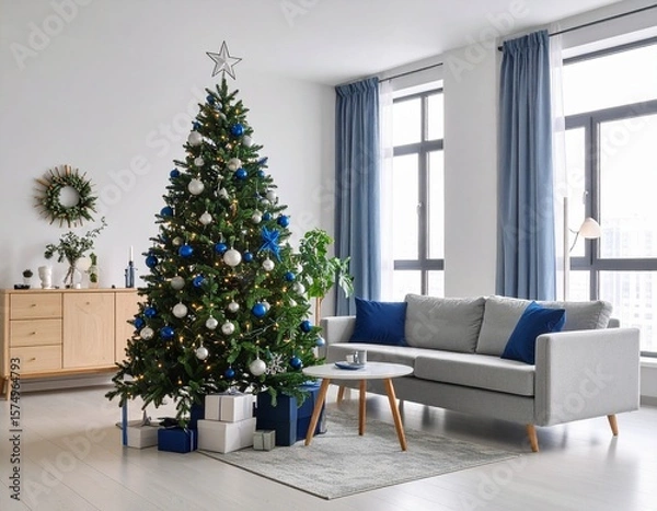 Fototapeta Generated image: Modern Living Room with Christmas Tree (Blue and Silver Decorations)