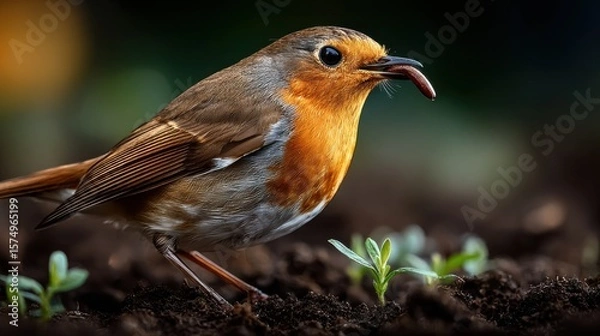 Fototapeta Close-up of a robin extracting a worm from garden soil in soft morning light, illustrating nature's cycle and wildlife focus.
