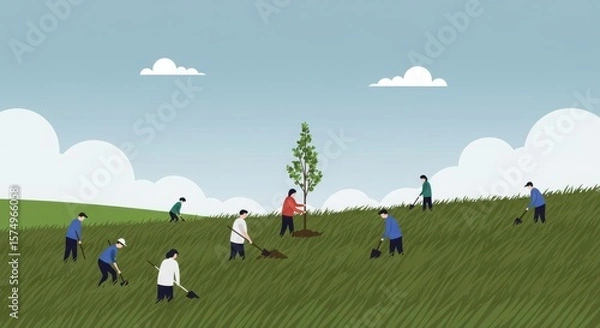 Fototapeta Planting Trees Together as a Community and Reforestation - 2D illustration