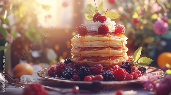 Fototapeta A delicious stack of pancakes, poured with honey and decorated with whipped cream, fresh berries and cherries on sticks. Warm light and blurry background