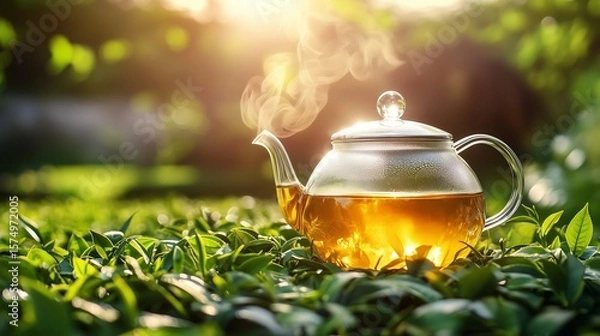 Fototapeta A glass kettle with soaring herbal tea, surrounded by fresh herbs and leaves in the morning garden. The warm light of the sunrise creates a cozy atmosphere, emphasizing the aroma