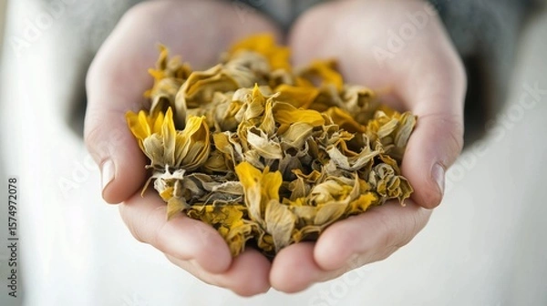 Fototapeta Delicate hands, carefully holding a bunch of dried yellow colors, create an atmosphere of harmony and natural simplicity. The light background emphasizes warm shades and texture of the petals.