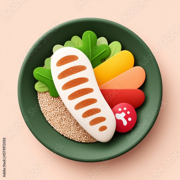 Fototapeta A vibrant, clean 3D illustration of a balanced meal on a dark green plate. The stylized elements include a loaf of bread, leafy greens, colorful slices of vegetables, and small grains or quinoa.